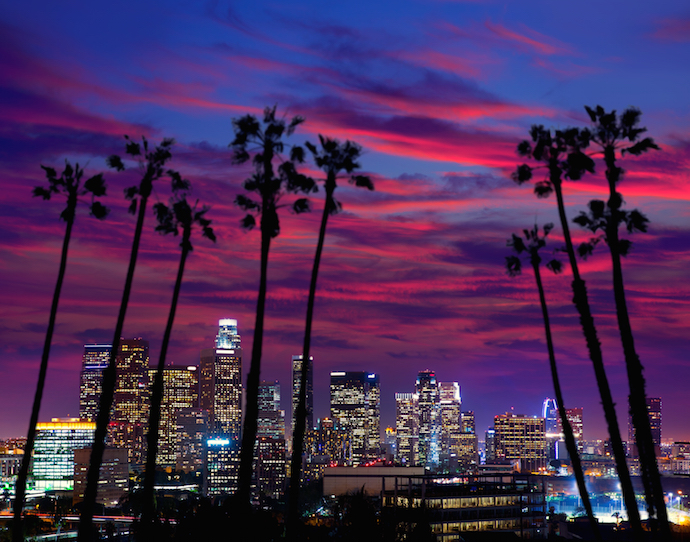 Downtown LA night Los Angeles sunset colorful skyline California_shutterstock_155452709