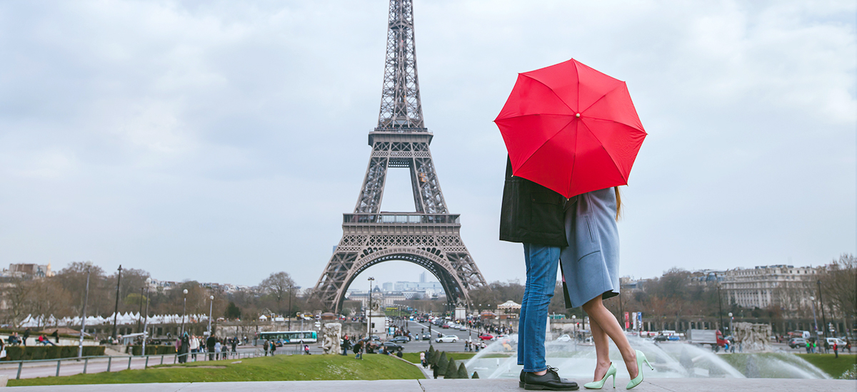 Romantic view of couple in front of Eiffel Tower