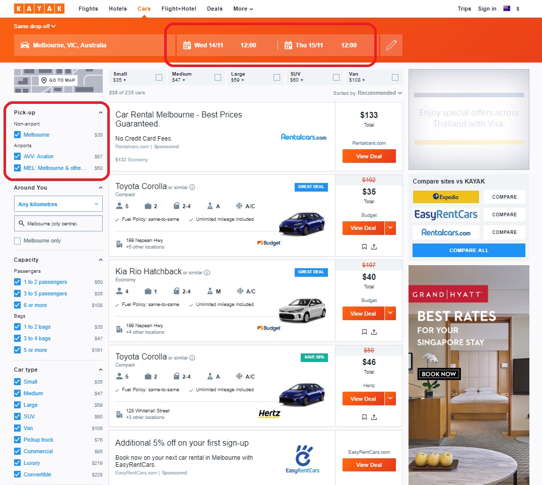 KAYAK car hire search results