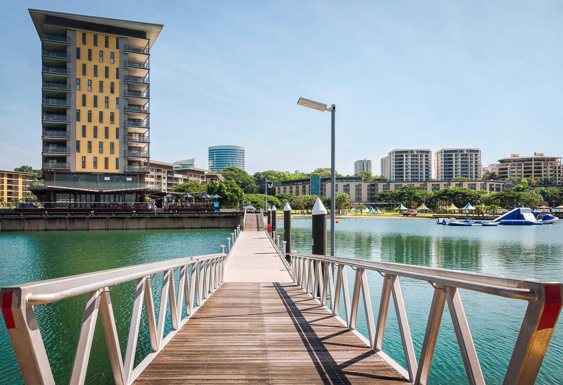 Scenic spot at Darwin Waterfront Wharf, Kitchener Bay, Northern Territory, Australia. The Darwin Waterfront is a popular place for restaurants, shops, water sports, and cruise ships