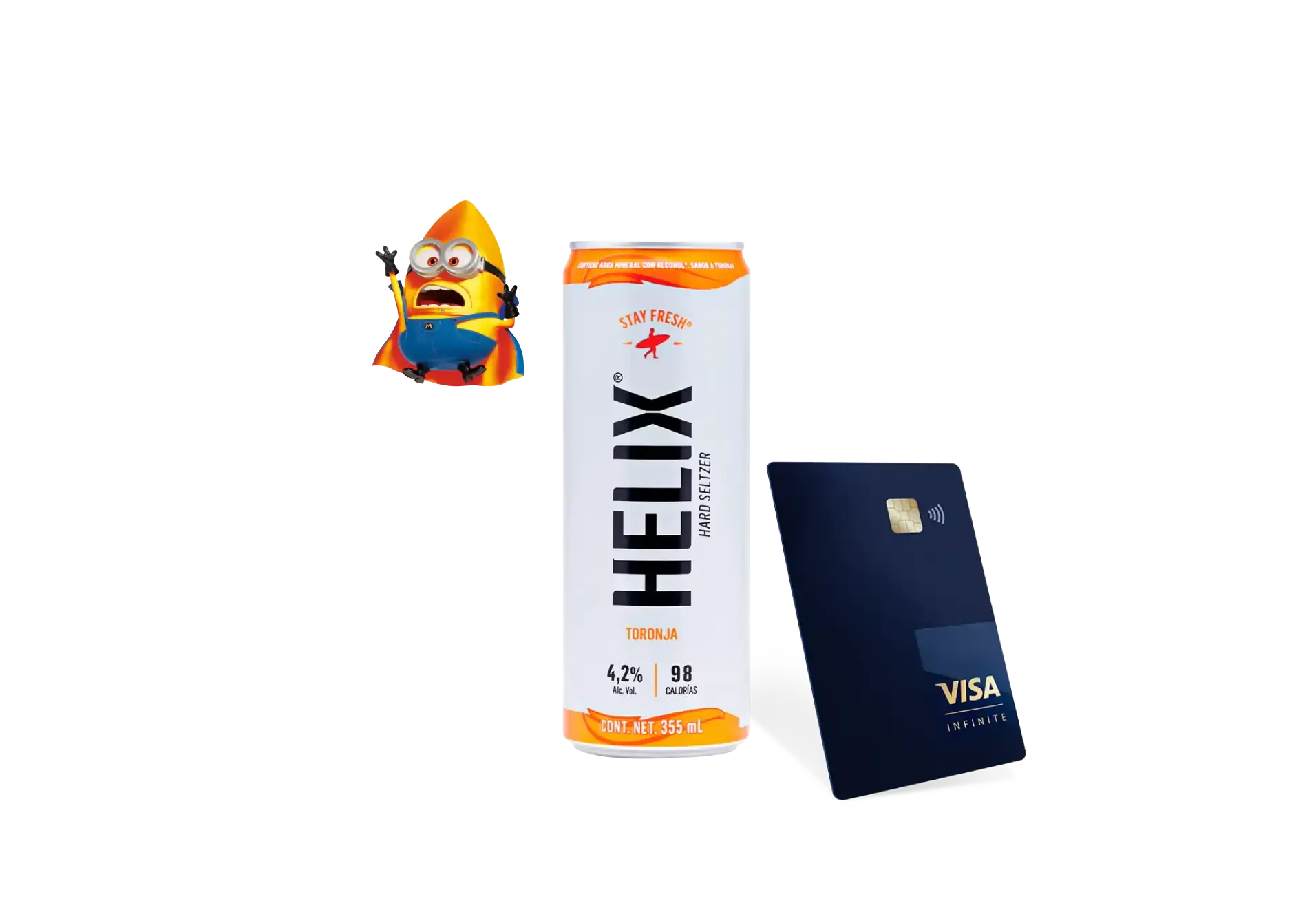 Helix drink, Visa Infinite card, and a surprised Minion rocket in one fun shot.