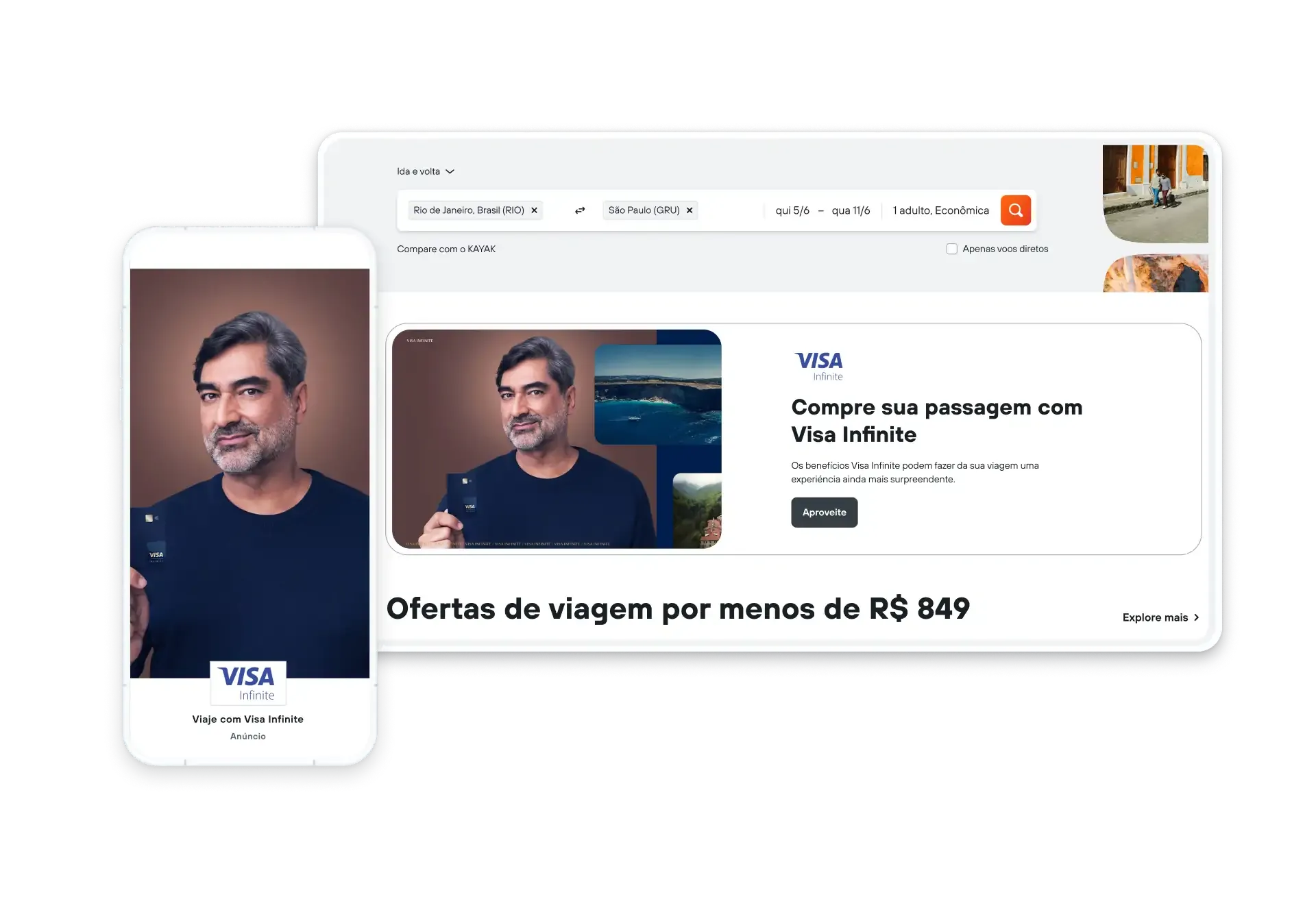 Visa Infinite ad for travel deals in Brazil shown on desktop and mobile screens.