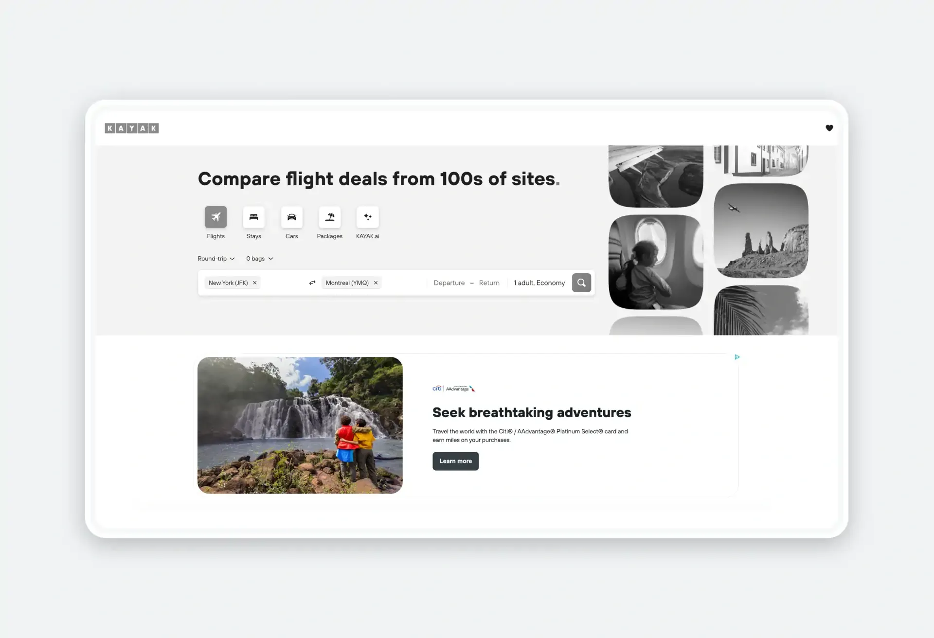 KAYAK search page with Citi AAdvantage ad promoting adventure travel rewards.