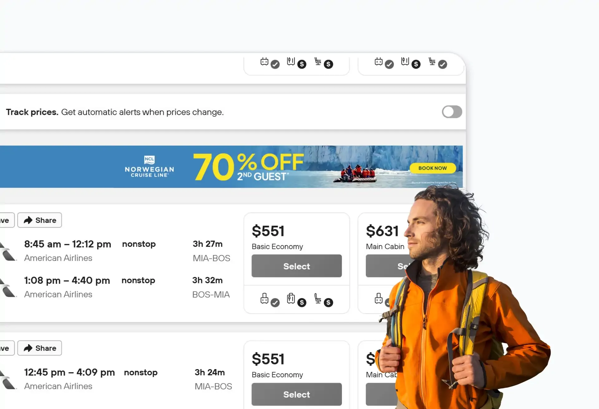 KAYAK flight search with Royal Caribbean 70% off ad and adventure-ready traveler.