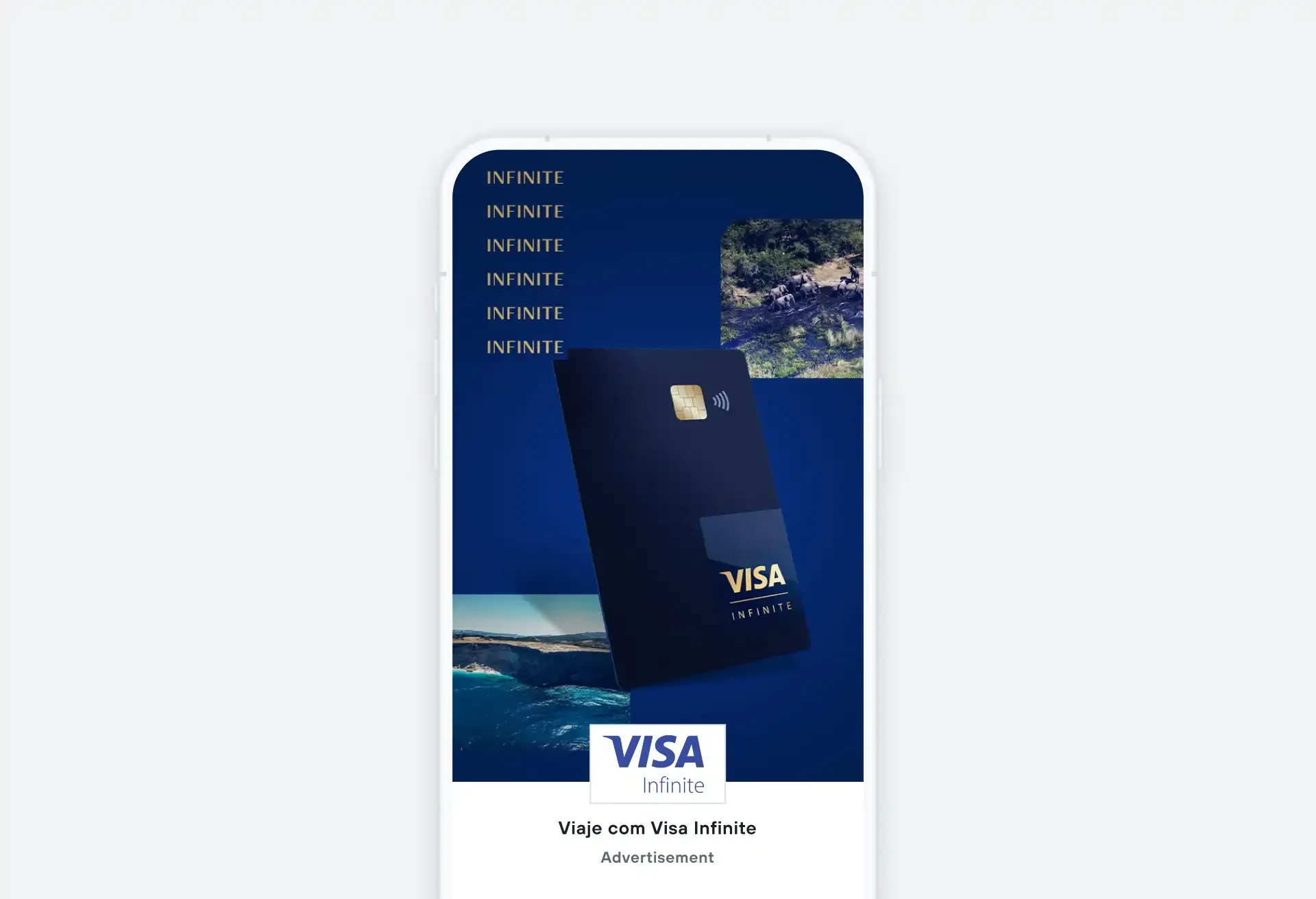 Visa Infinite card ad with scenic backgrounds on a mobile phone screen.