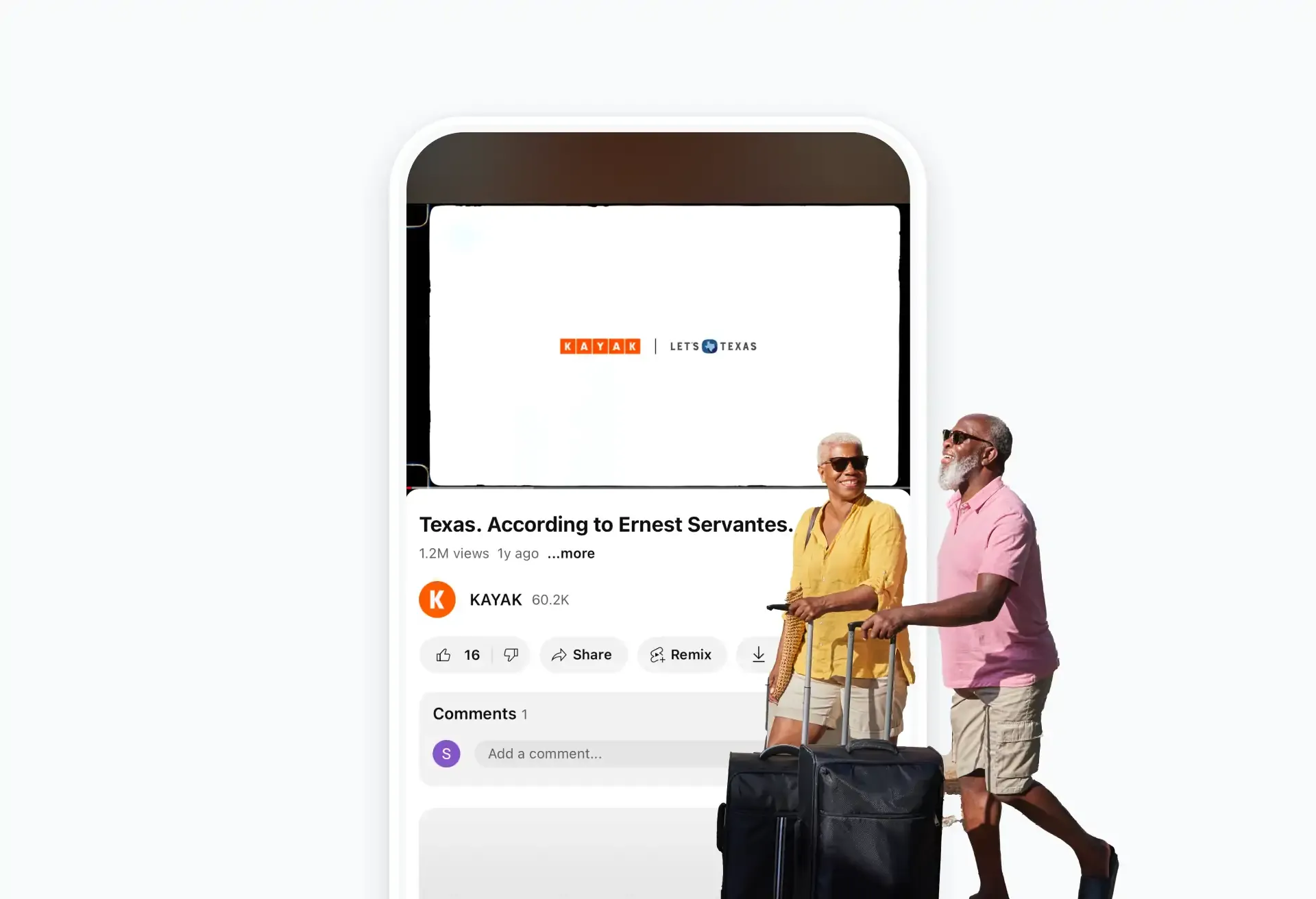 KAYAK video 'Texas. According to Ernest Servantes' shown with older couple travelers.