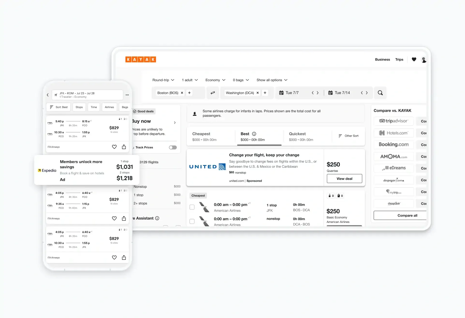 KAYAK flight search results shown on mobile and desktop, including Expedia ad.
