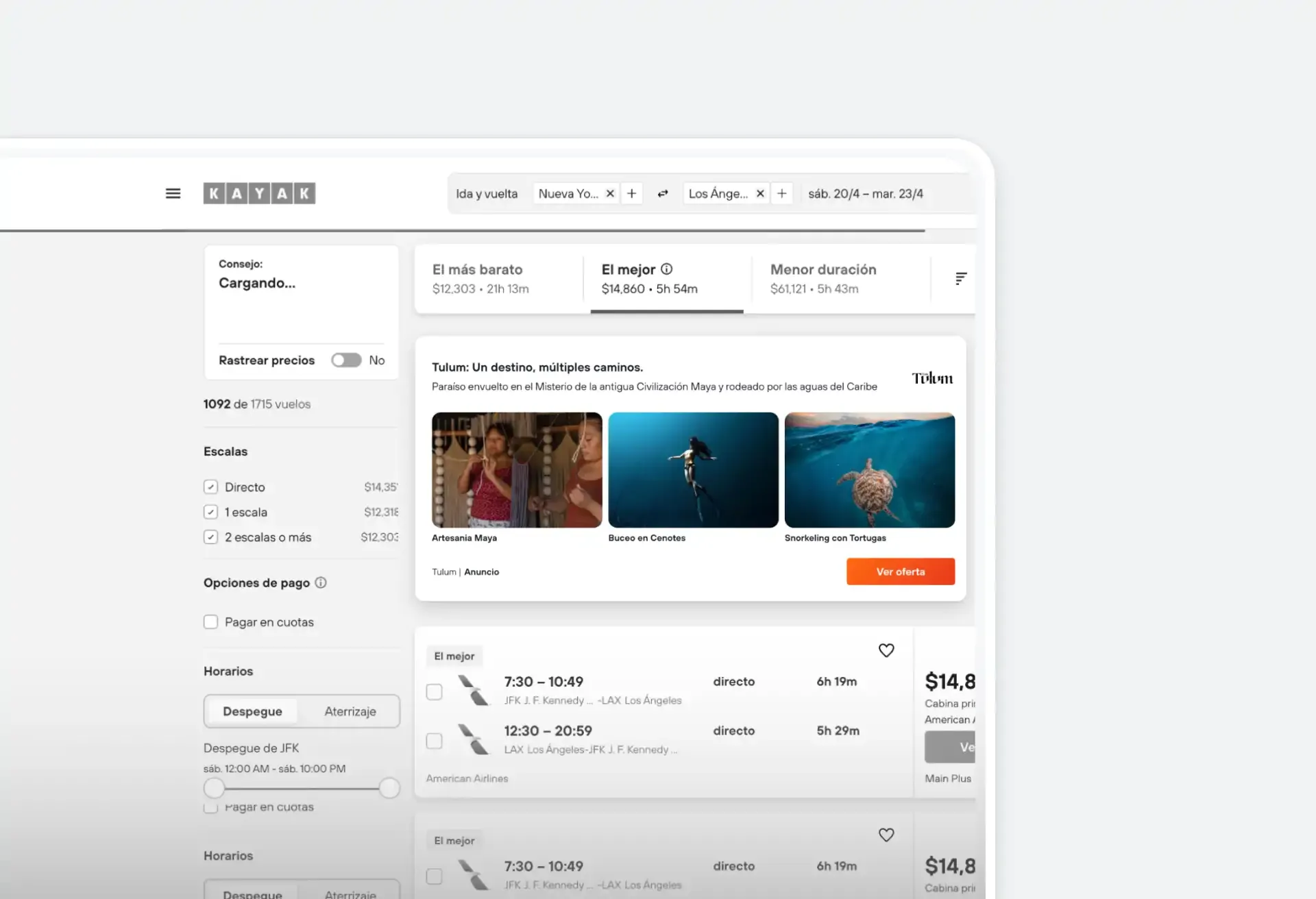 Flight results page featuring a Tulum banner with vibrant travel experience images.
