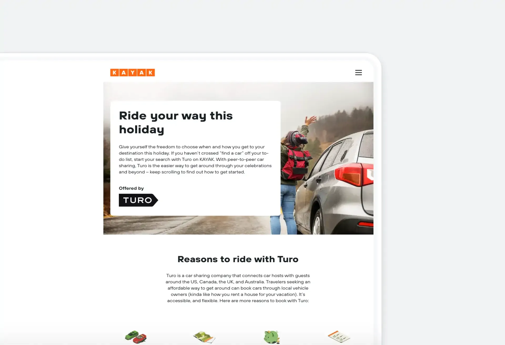 Turo ad on KAYAK promotes road trip freedom with peer-to-peer car sharing.