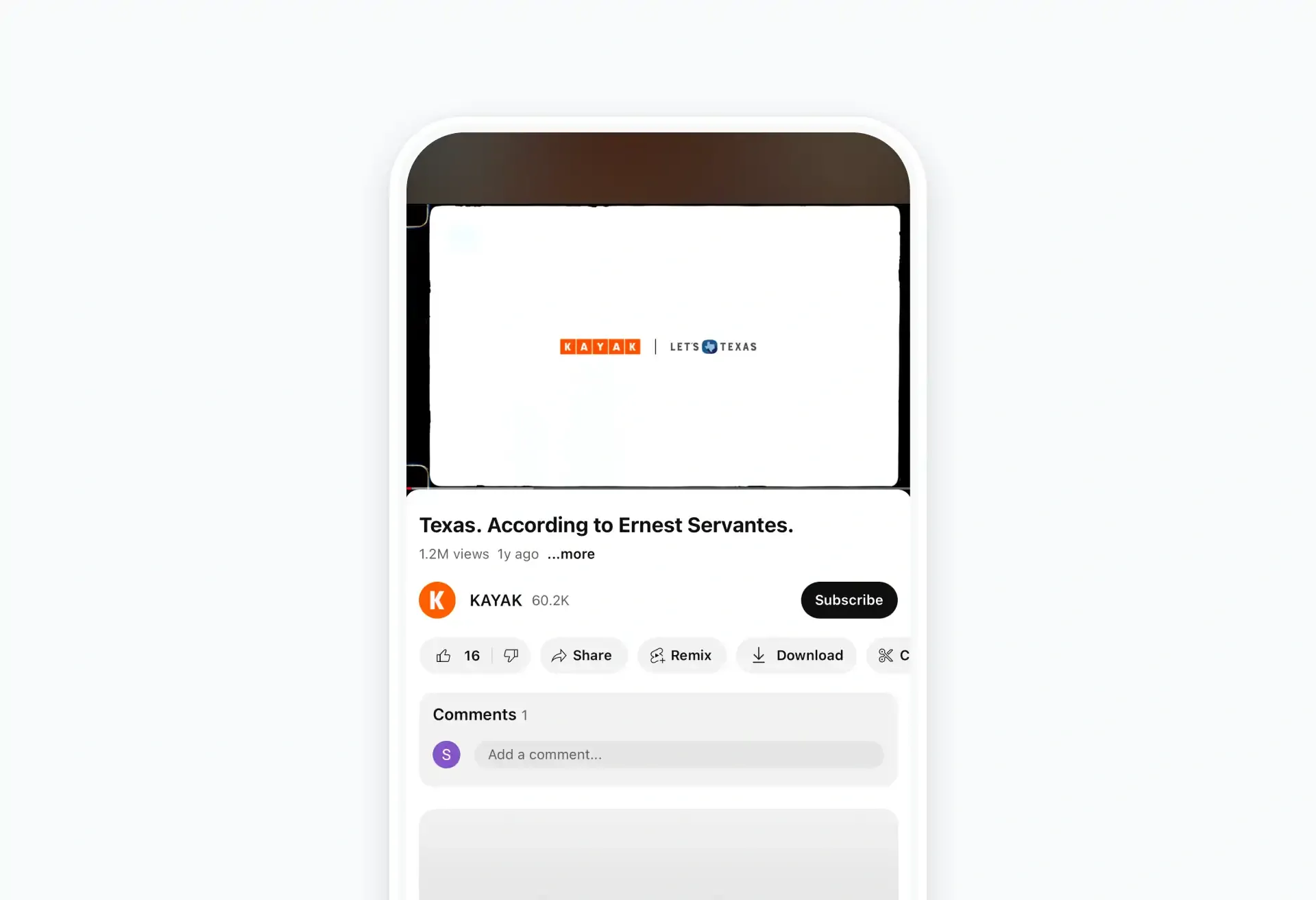 KAYAK video titled 'Texas. According to Ernest Servantes' shown on a mobile screen.