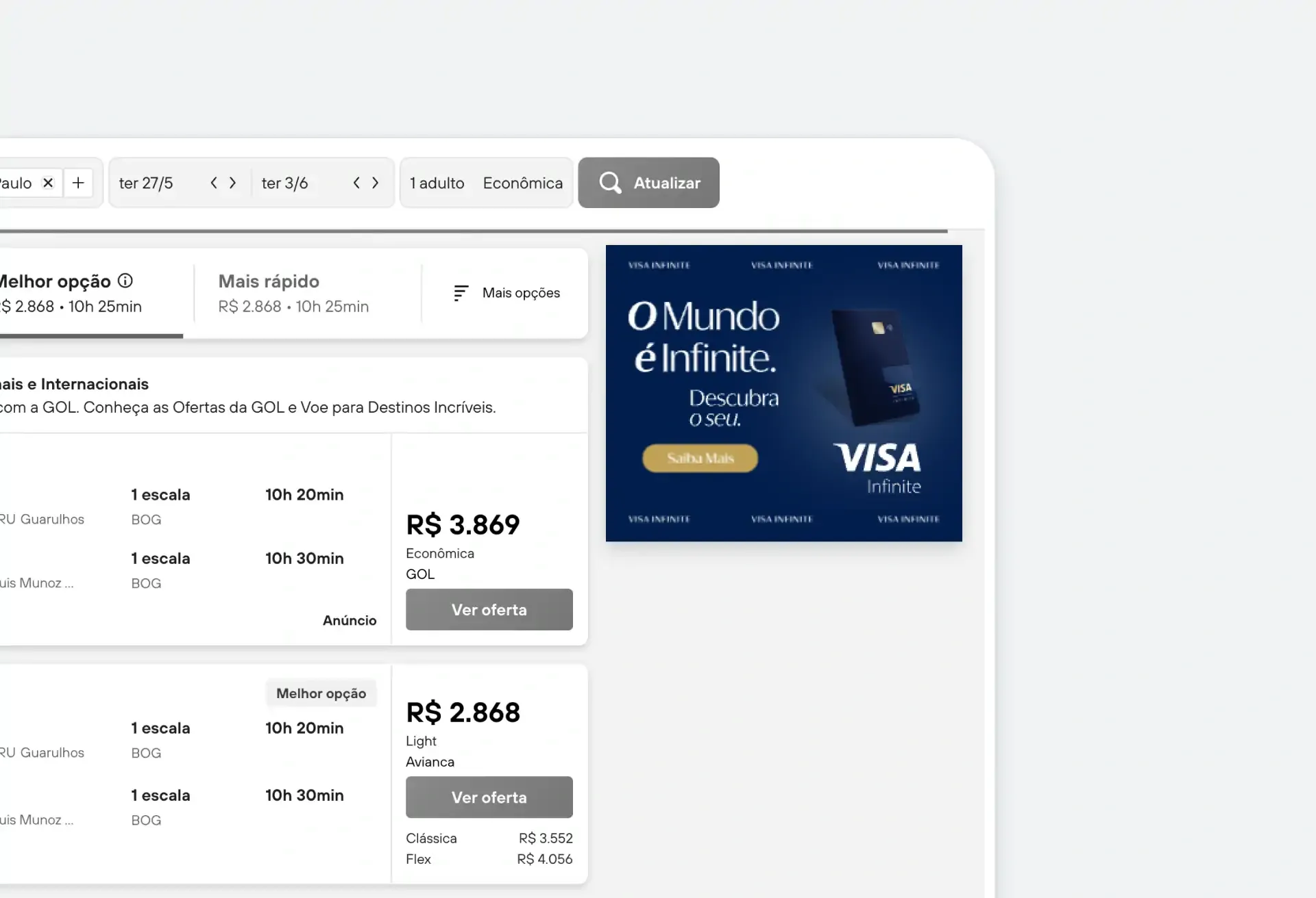 Flight search results with a Visa Infinite ad offering exclusive travel discounts.
