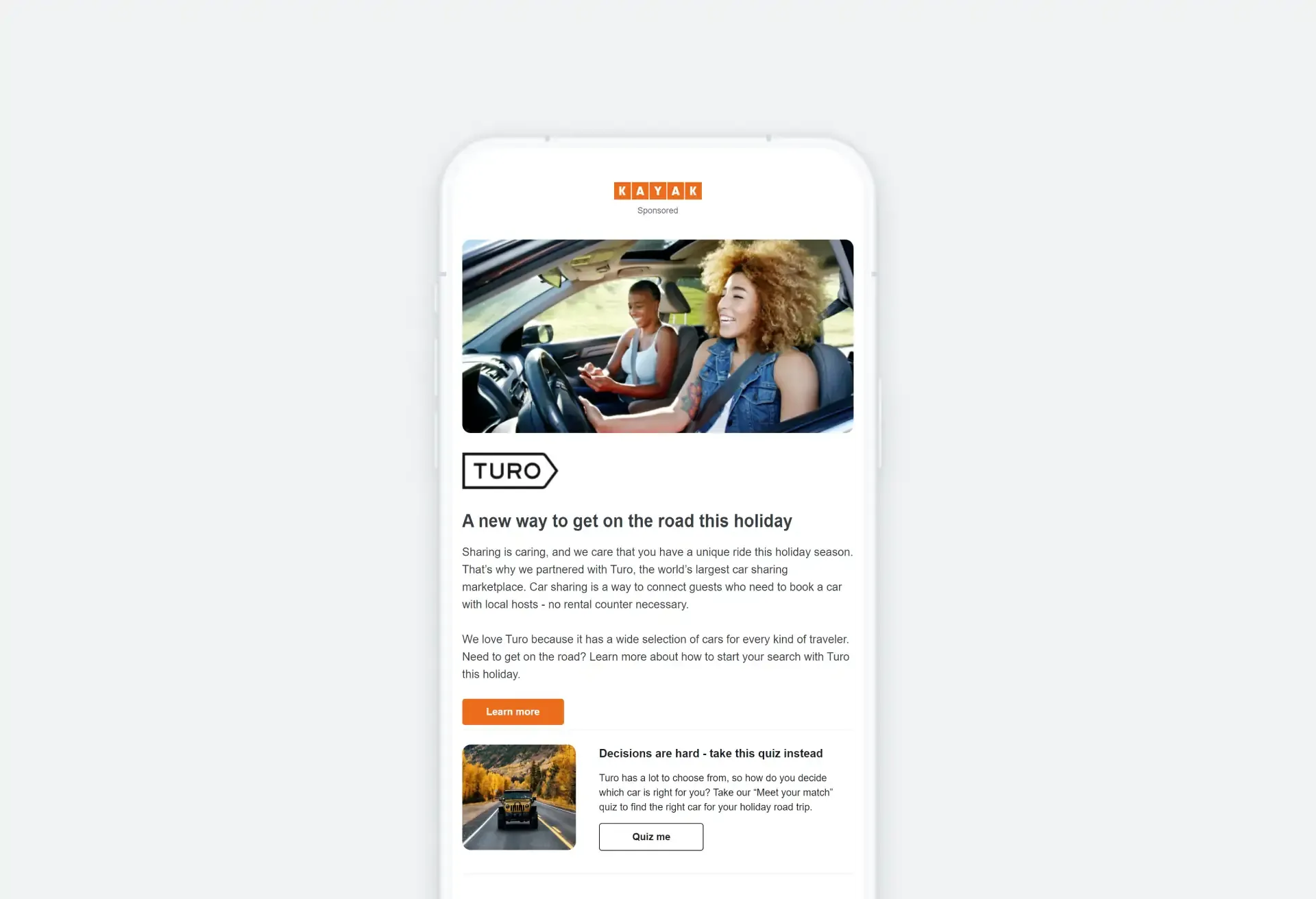 Turo and KAYAK mobile ad promoting flexible holiday driving with peer car rentals