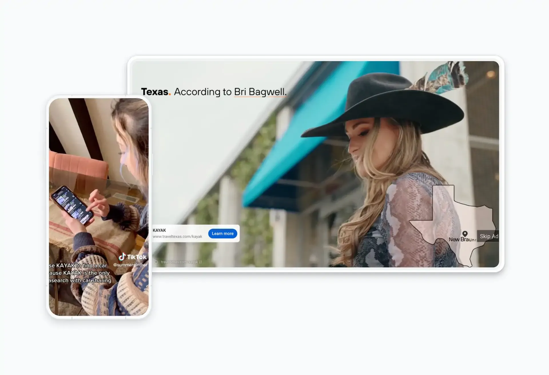 Texas travel ad featuring Bri Bagwell, shown on desktop and mobile screens.