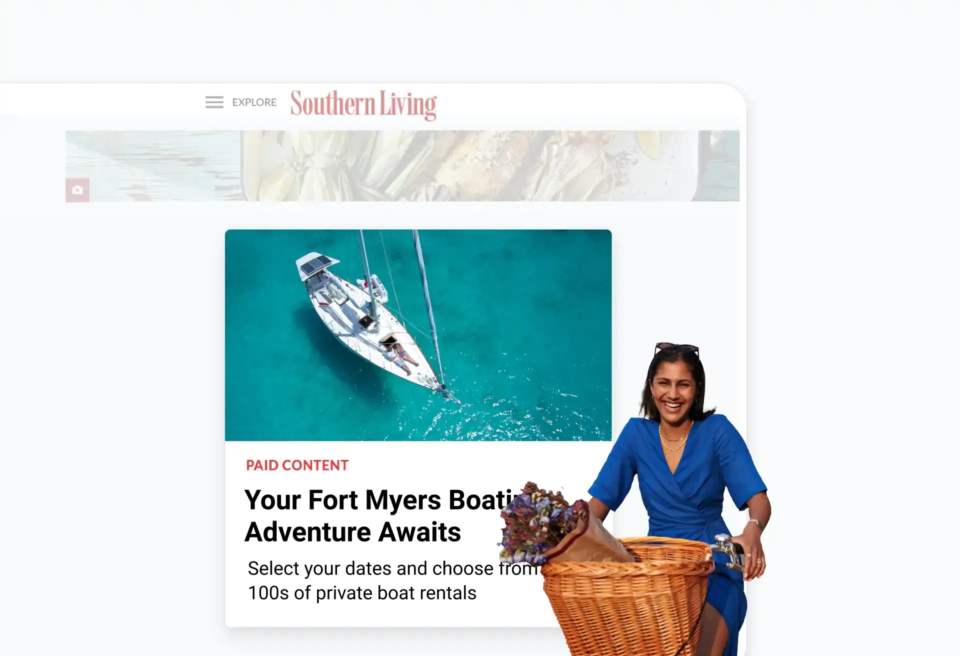 Ad for Fort Myers boat rentals featured on Southern Living, with smiling traveler.