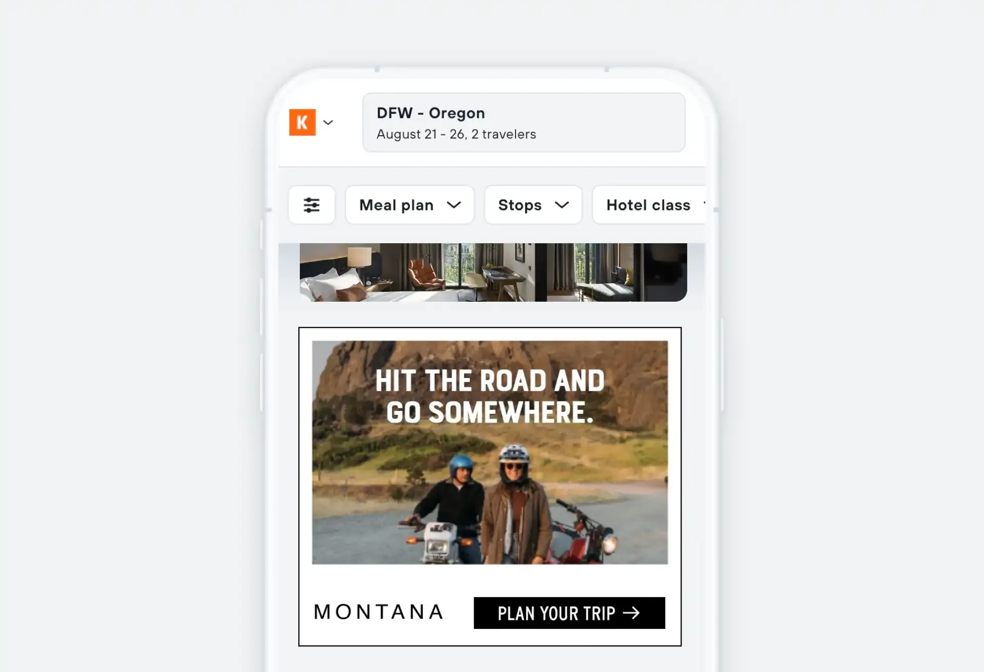 Montana travel ad on mobile: 'Hit the road and go somewhere.' Plan your trip today.