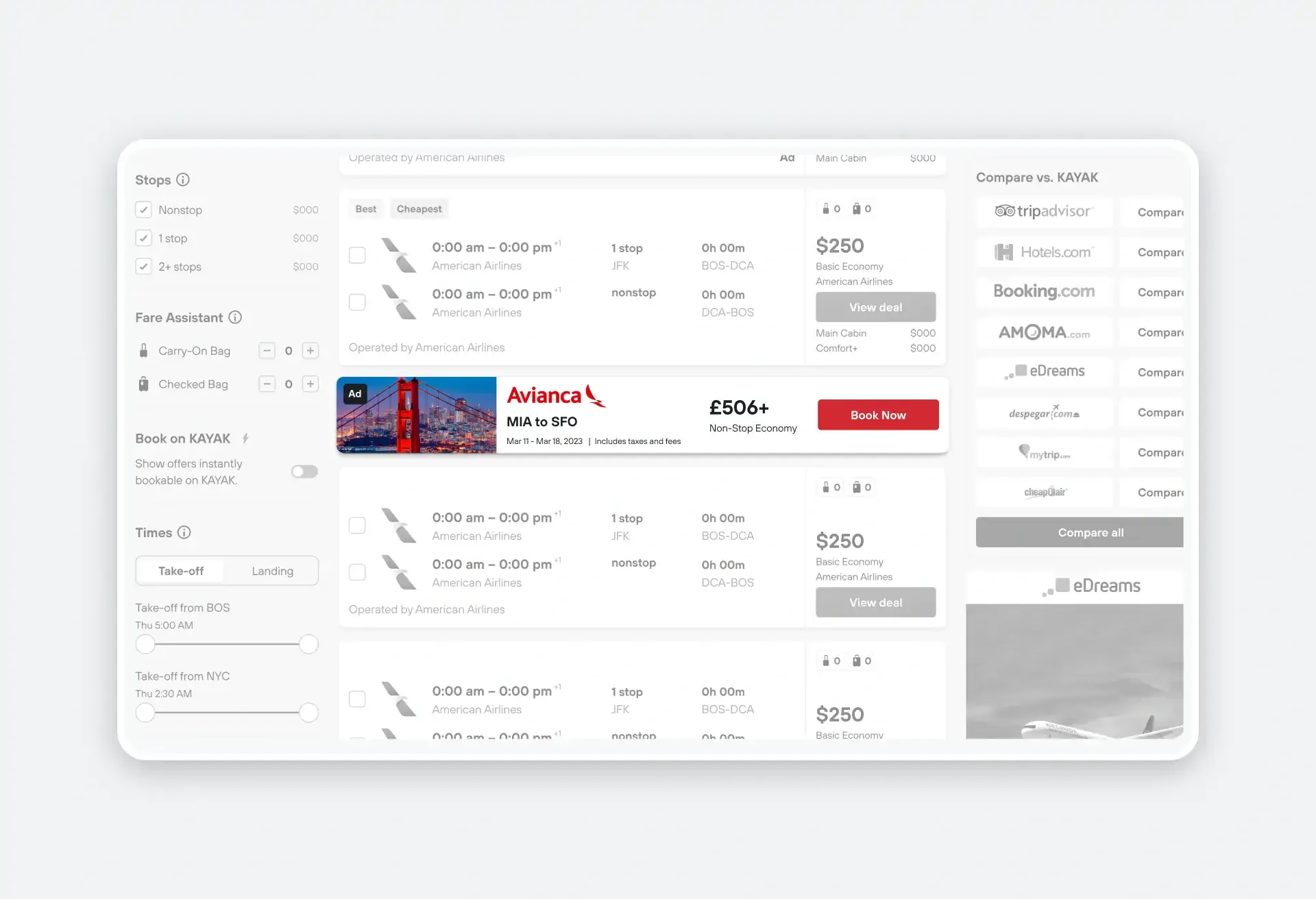 Avianca ad on KAYAK desktop search promoting flights to Latin America from $550+.