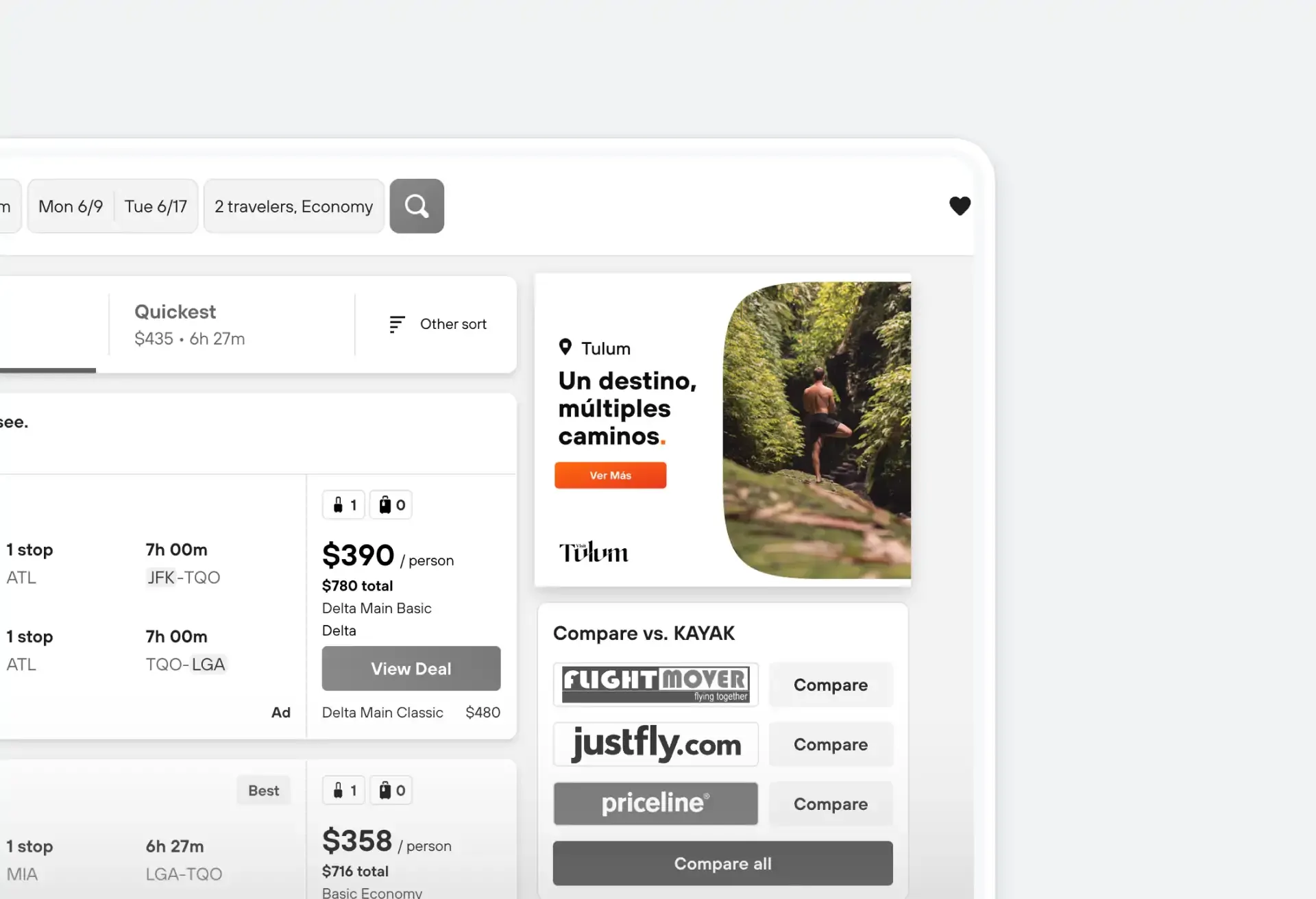 Flight search page with a Tulum ad: 'One destination, many paths.