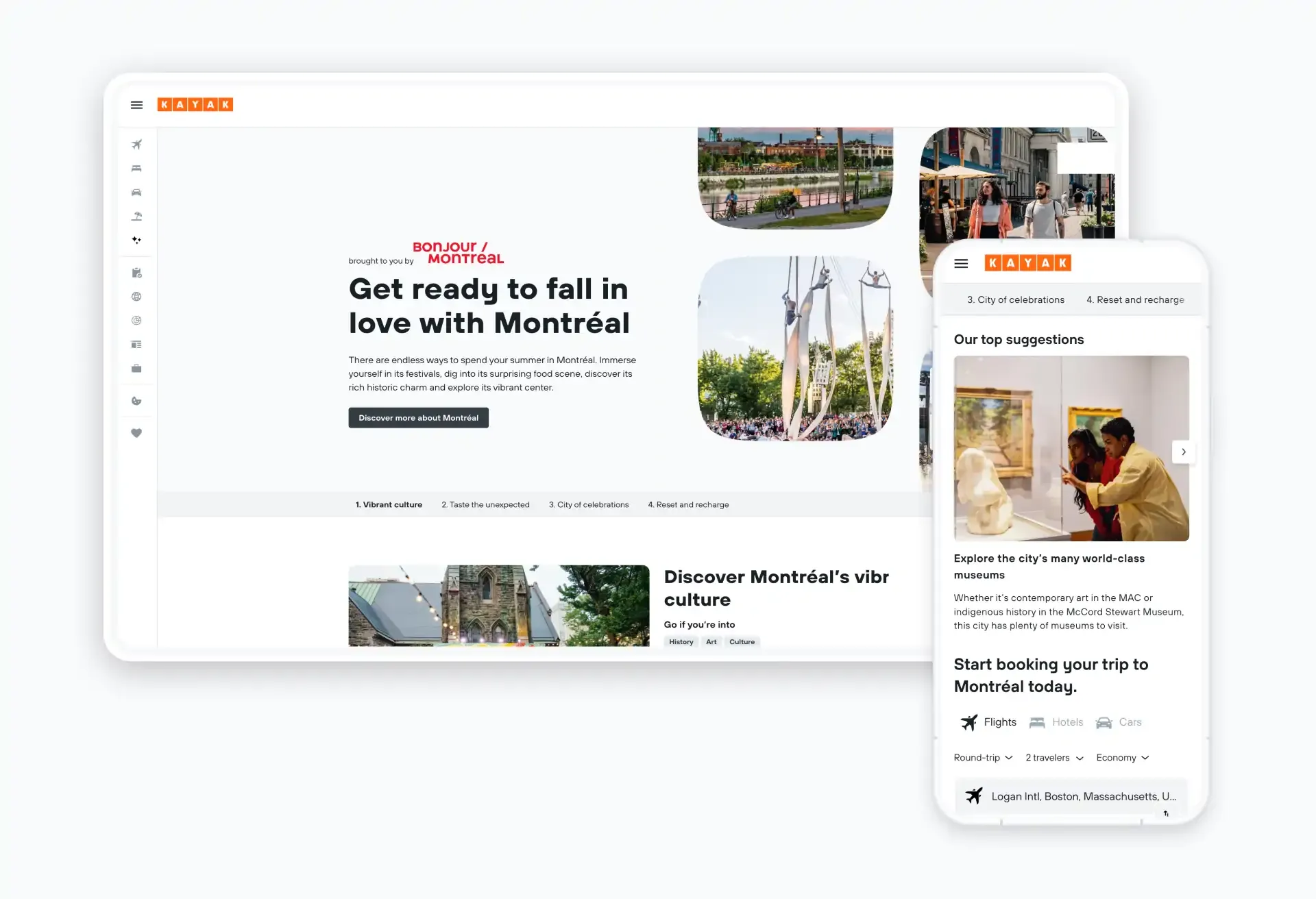 KAYAK ad for Montréal: 'Get ready to fall in love' shown on desktop and mobile screens.