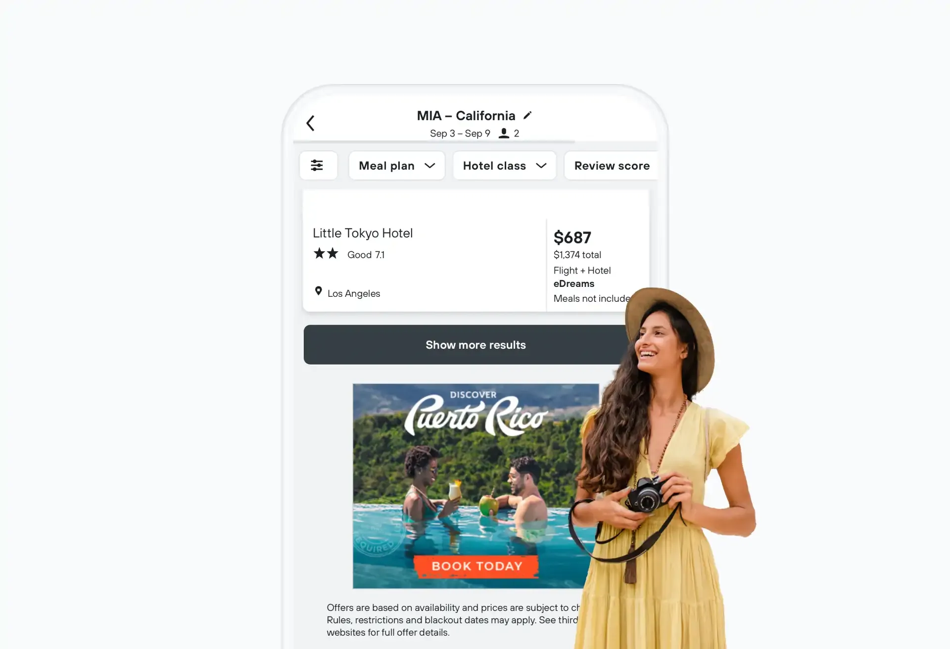 Puerto Rico travel ad on mobile, with smiling traveler and tropical background.