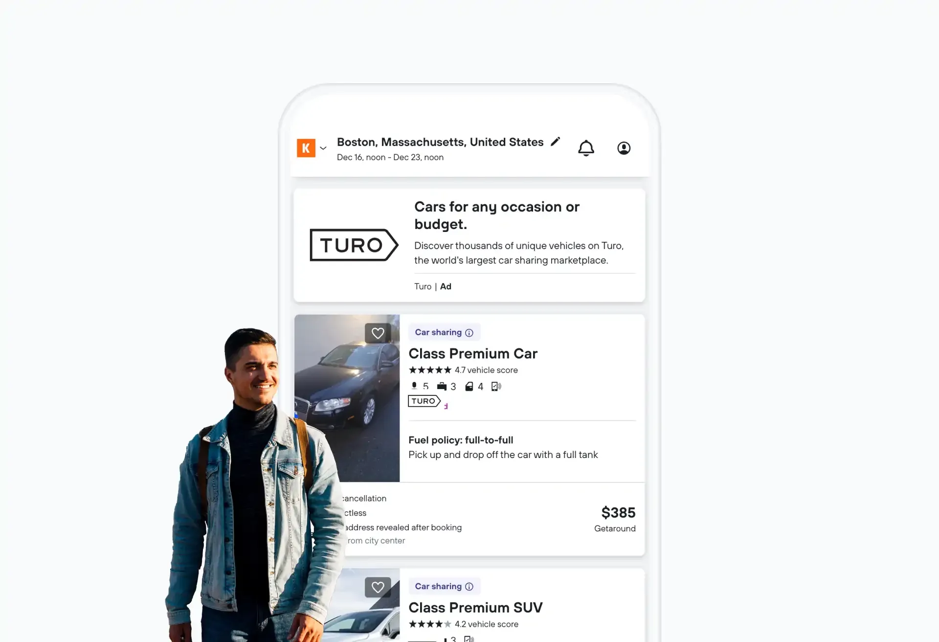 Turo car rental ad on mobile with traveler beside listings for premium vehicles.