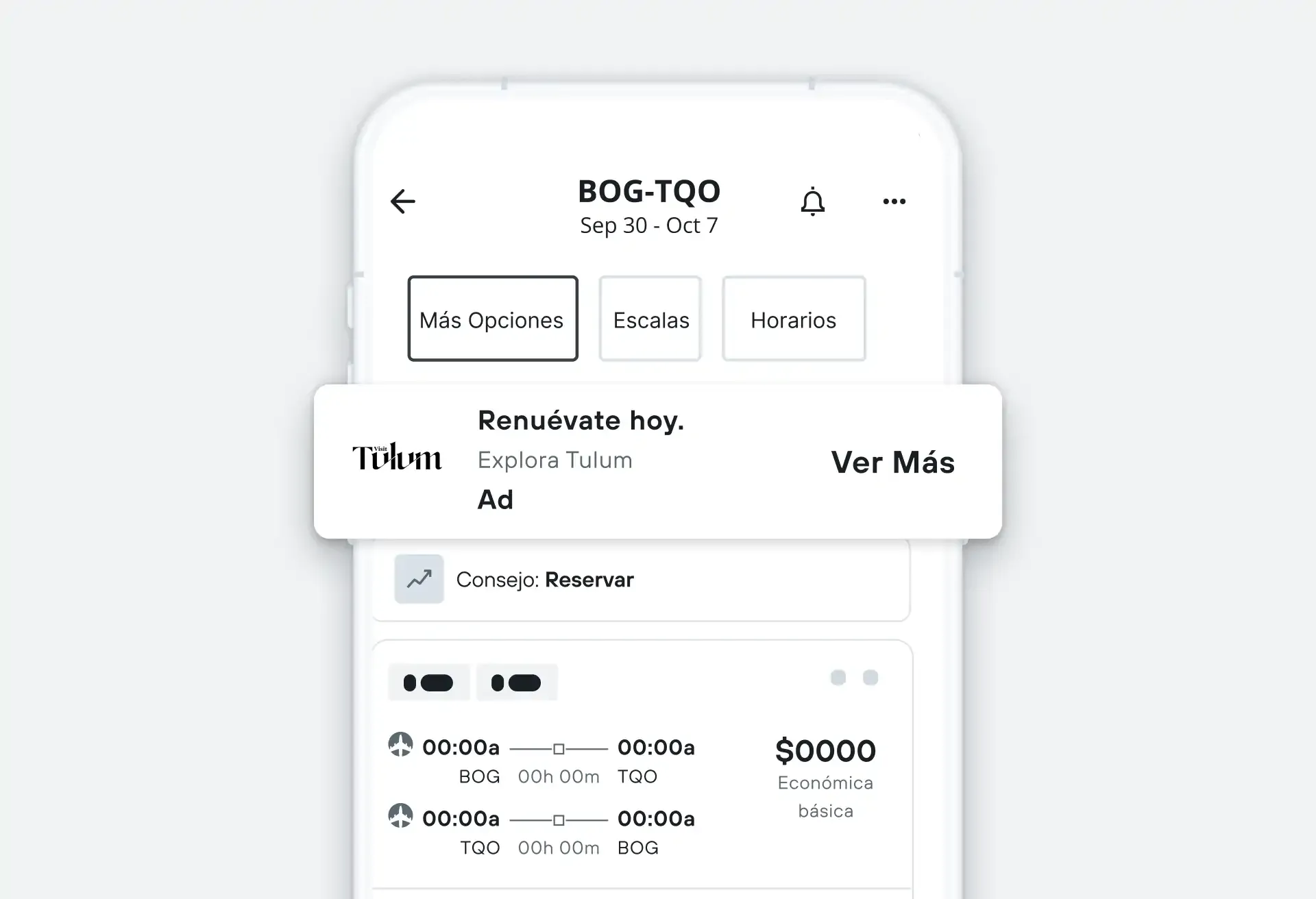Flight search on mobile with Tulum ad inviting travelers to renew and explore.