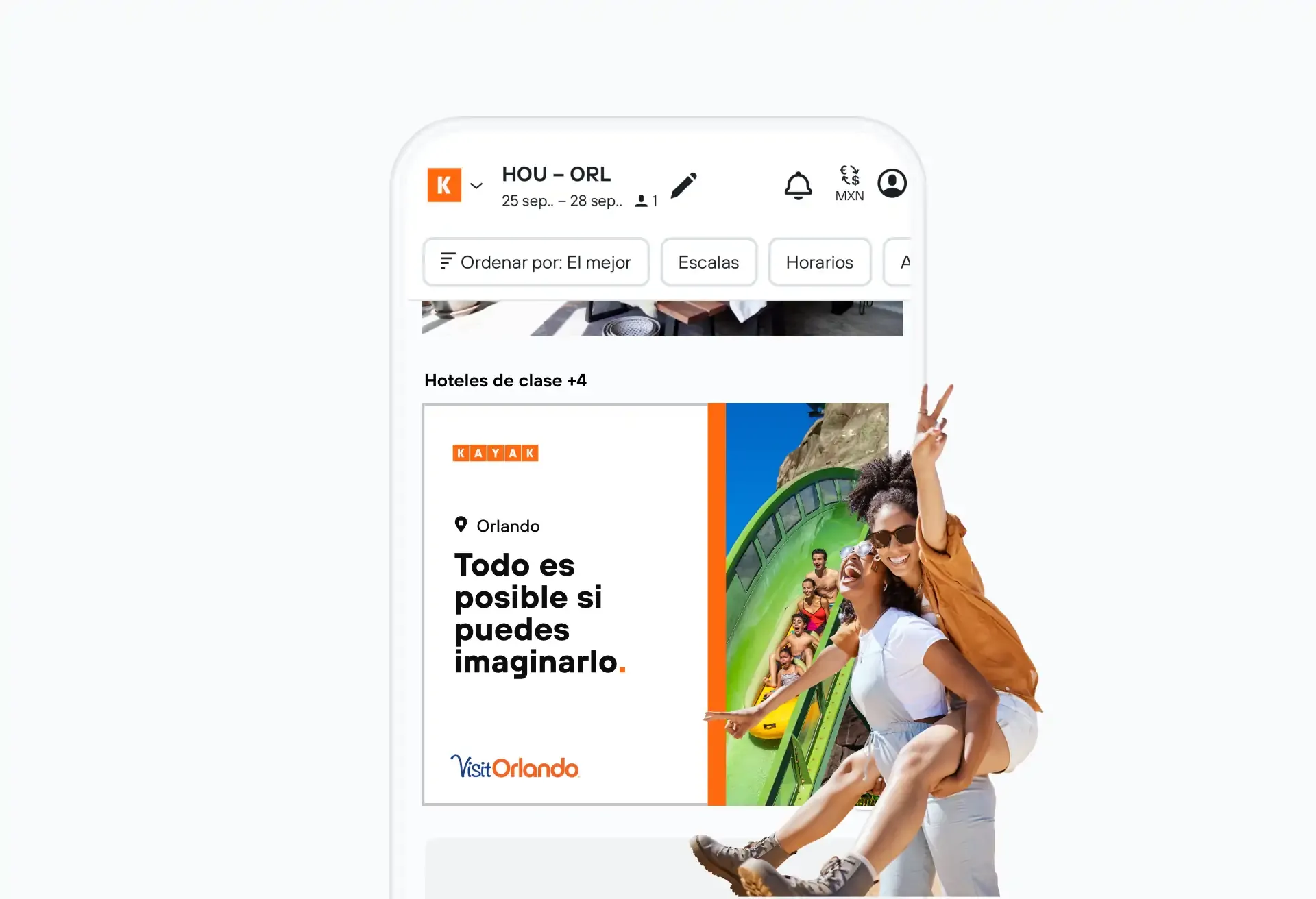 Visit Orlando mobile ad: 'Everything is possible if you can imagine it' with joyful travelers.