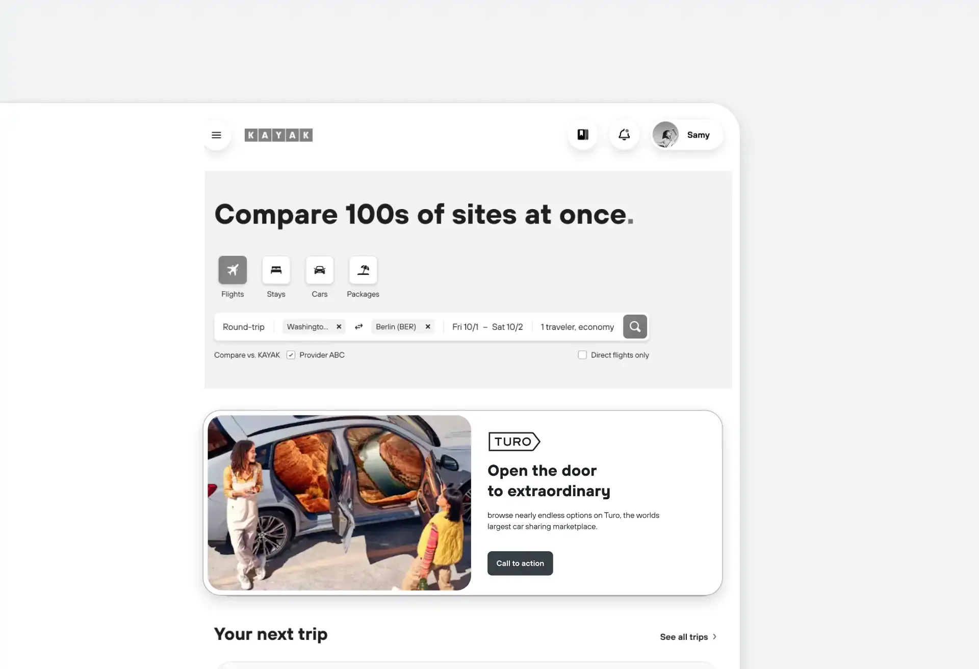 Turo ad on KAYAK invites users to 'Open the door to extraordinary' car rentals.