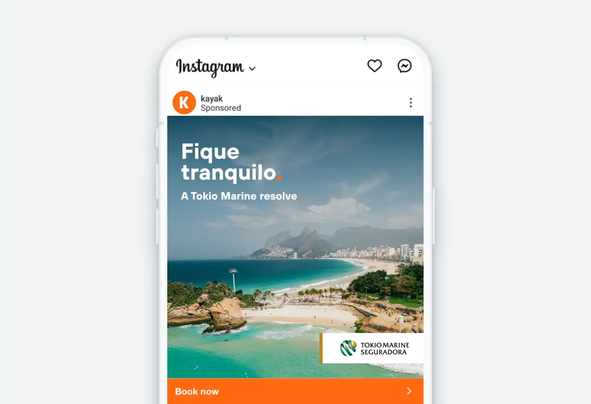 Instagram ad by KAYAK and Tokio Marine promoting safe travel to a stunning beach.