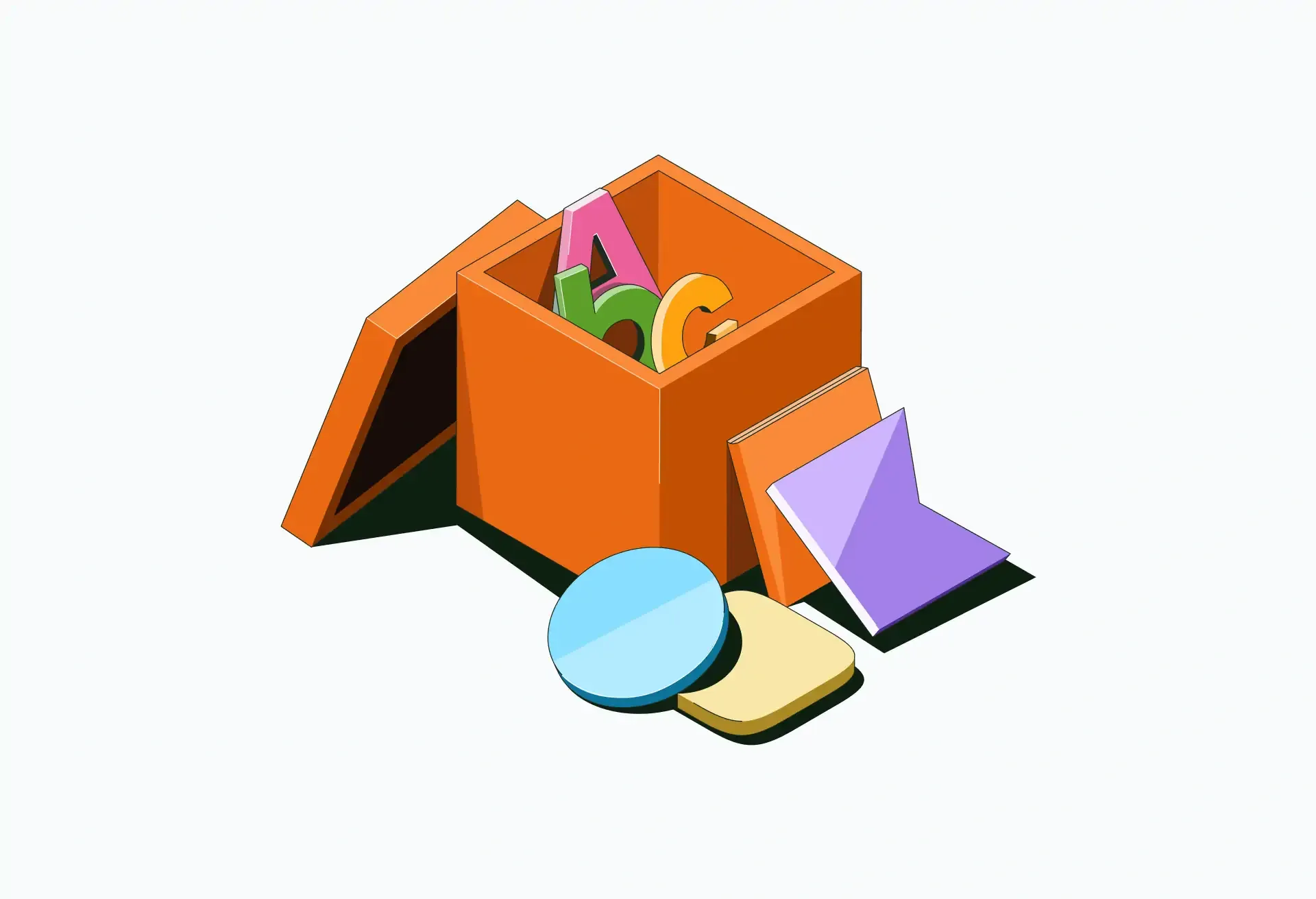Colorful box with letters and shapes spilling out, symbolizing learning and creativity.