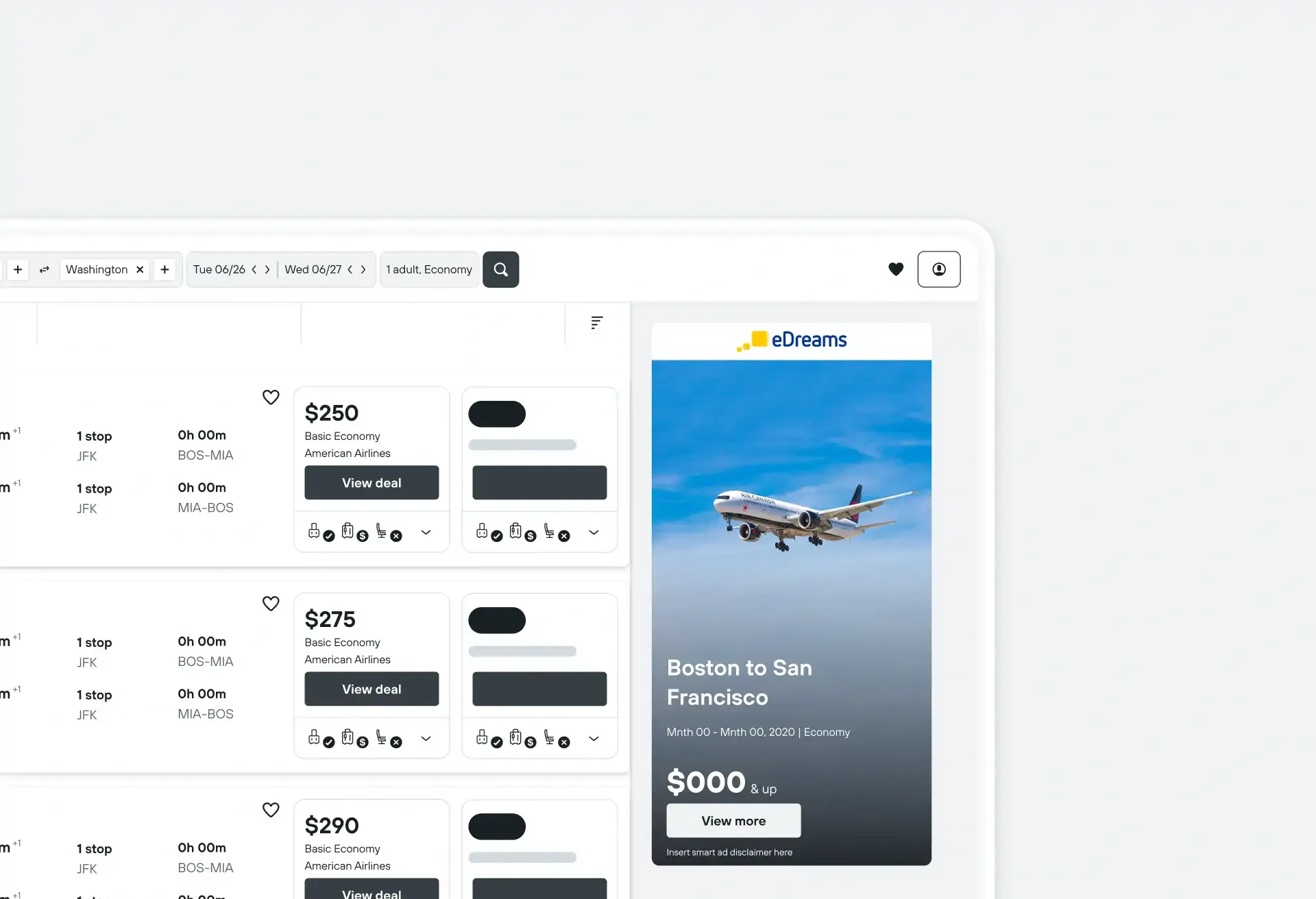 Flight search results on travel site with eDreams ad for Boston to San Francisco.