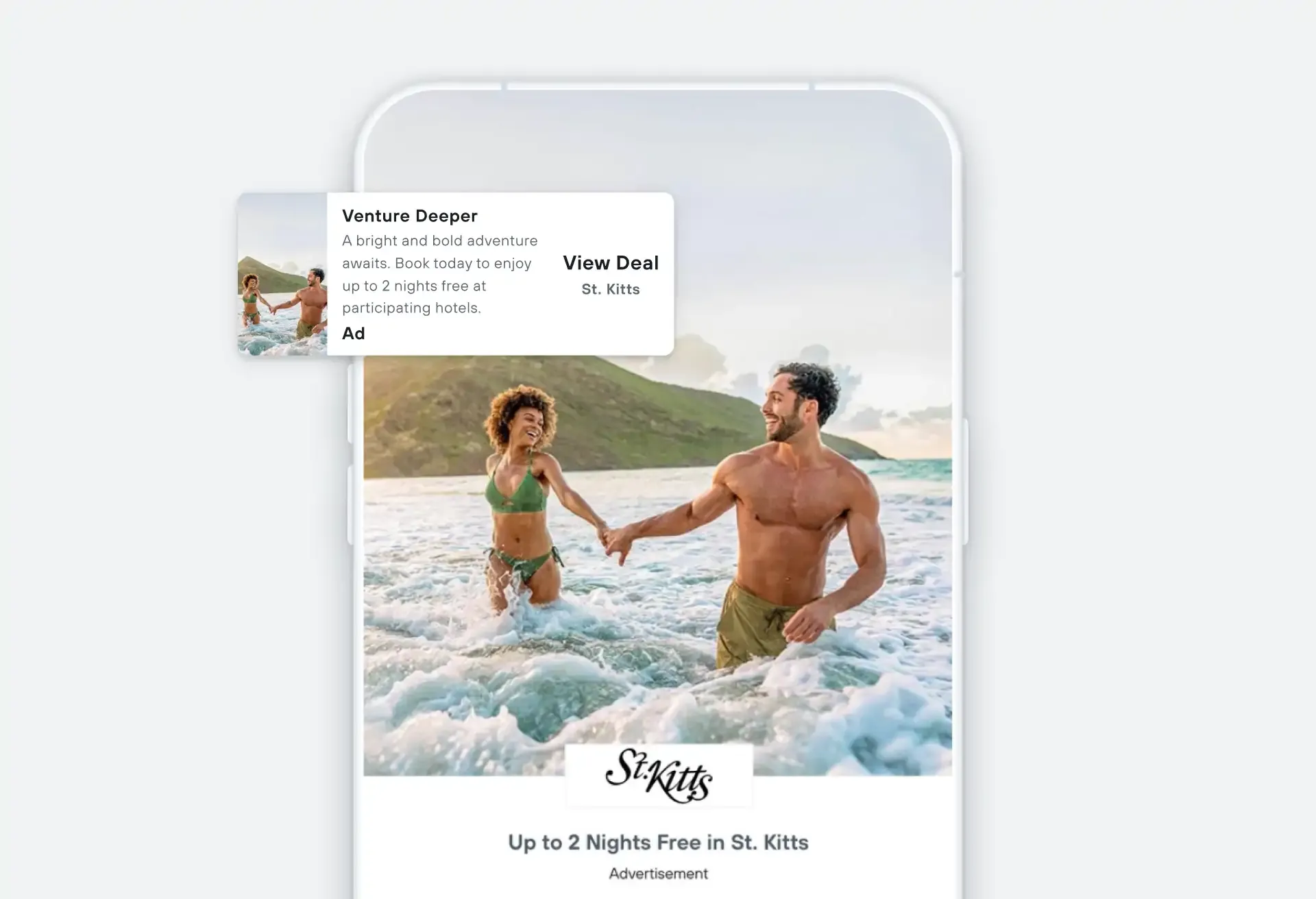 Ad for St. Kitts offering 2 free nights, featuring a smiling couple in the ocean.