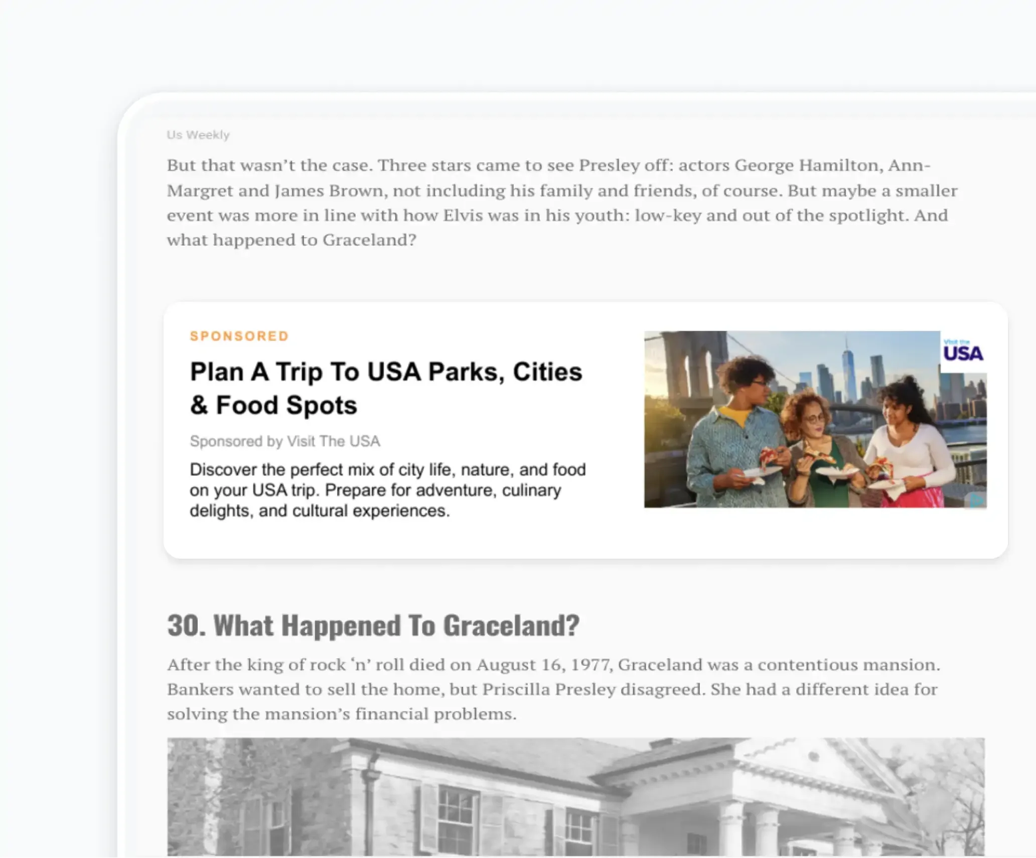 Ad for 'Visit The USA' promoting parks, cities, and food spots across the country.