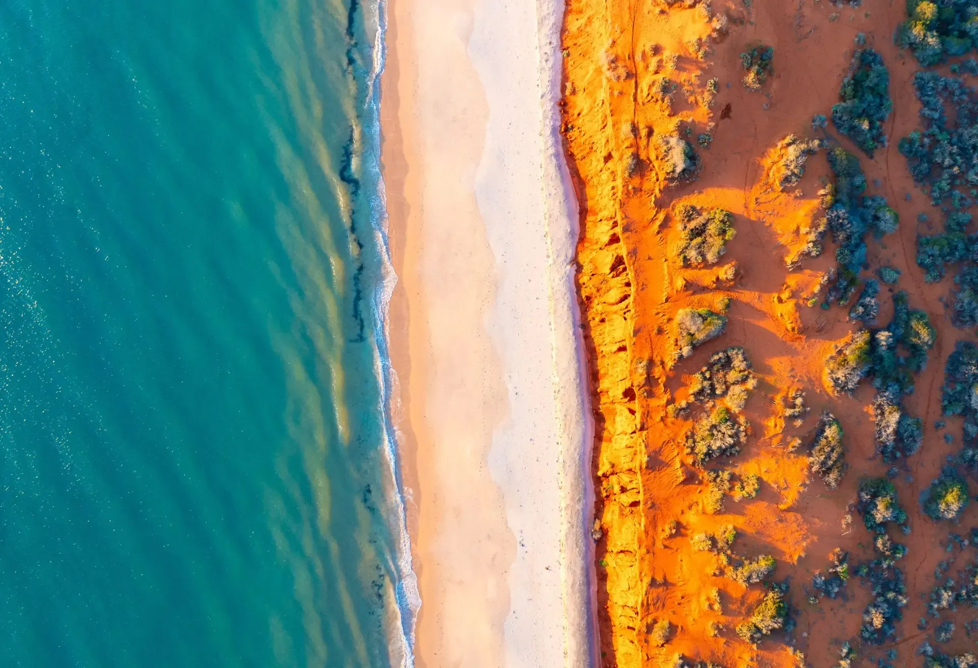 A vibrant, top-down view of a coastline: turquoise water, white sand, and red-orange earth.
