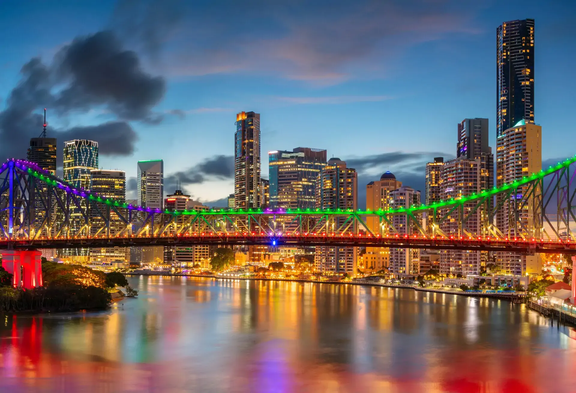 Cityscape image of Brisbane skyline panorama, Australia during dramatic sunset.
