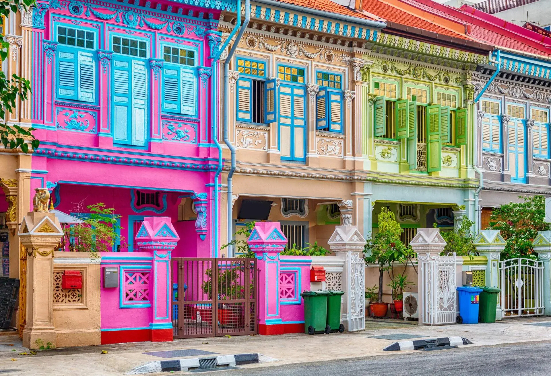 Singapore, Joo Chiat, Koon Seng Road, May 12, 2018:  Classic Singapore shophouses, a type of commercial housing architecture found in Singapore and Malaysia