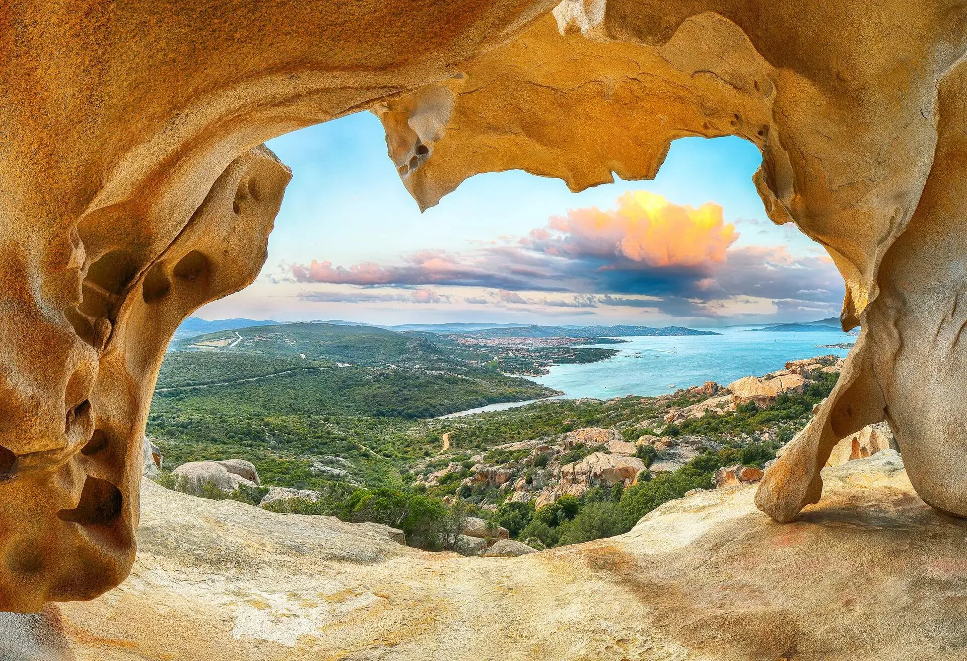 Fantastic view on Palau  from popular travel destination Bear Rock (Roccia dellâ€™Orso). Location: Palau, Province of Olbia-Tempio, Sardinia, Italy, Europe