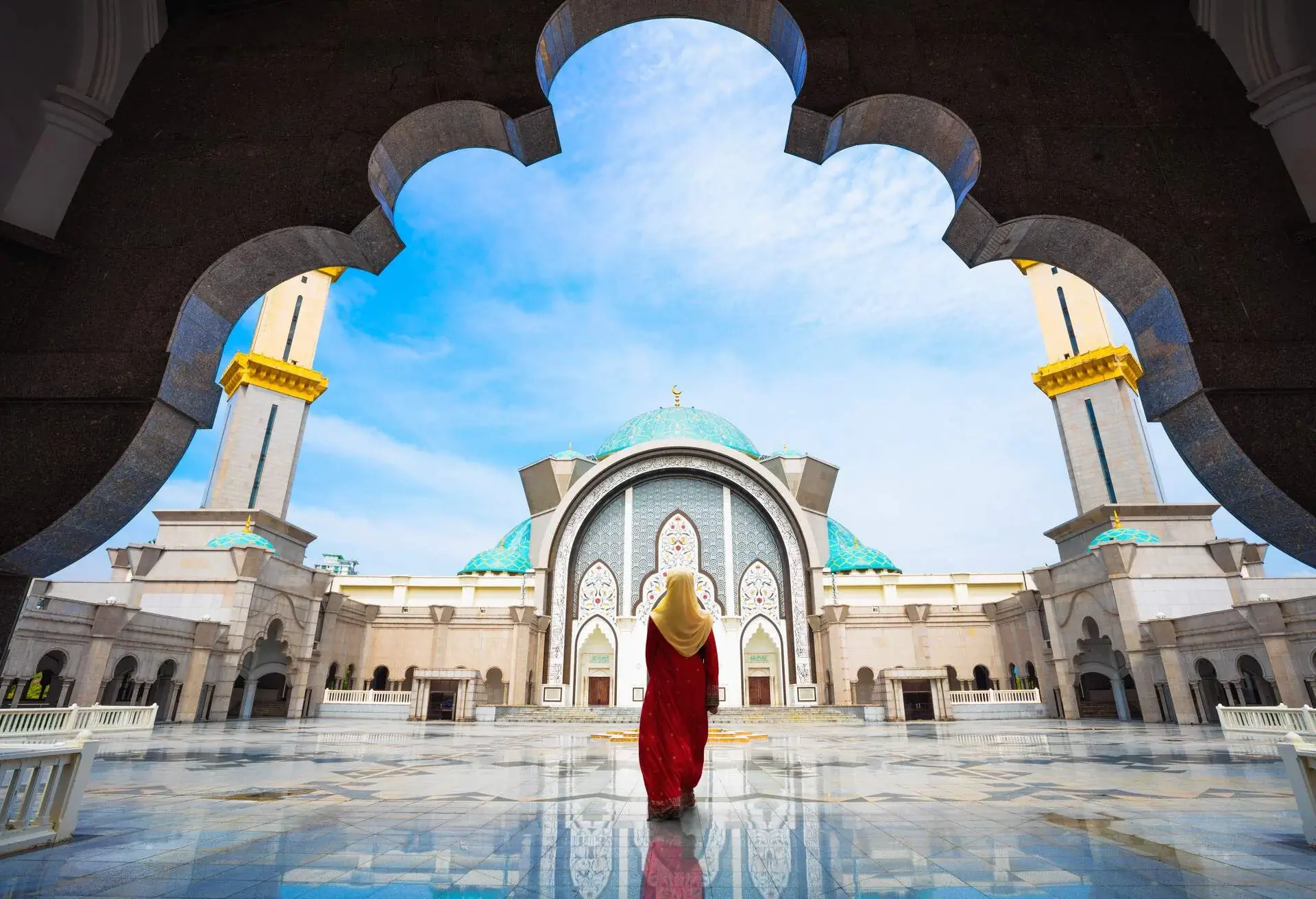 Malaysia Mosque with Muslim pray in Malaysia, Malaysian muslim with mosque religion concept
