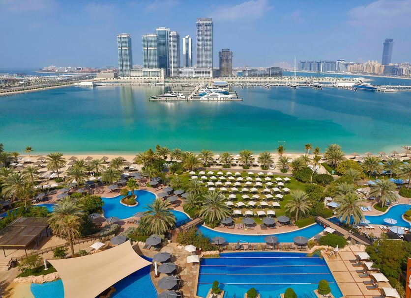 Aerial view of the pool, beach and Dubai Marina at The Westin Mina Seyahi